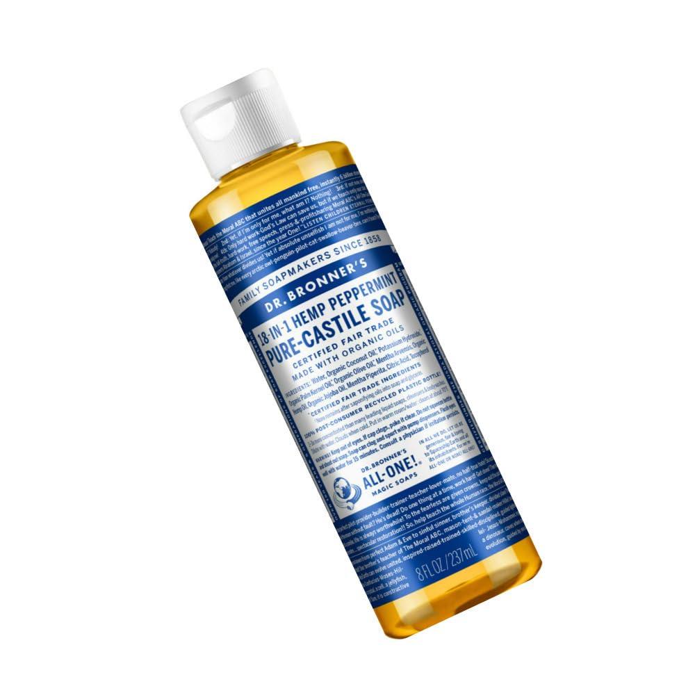 Dr. Bronner's Organic Peppermint Liquid Soap - 18-in-1 All-Purpose Cleaner with Invigorating Peppermint Oil - 8 Oz Size - Gentle Cleansing for Body, Face, Home - Natural, Organic Formula (2-Pack)