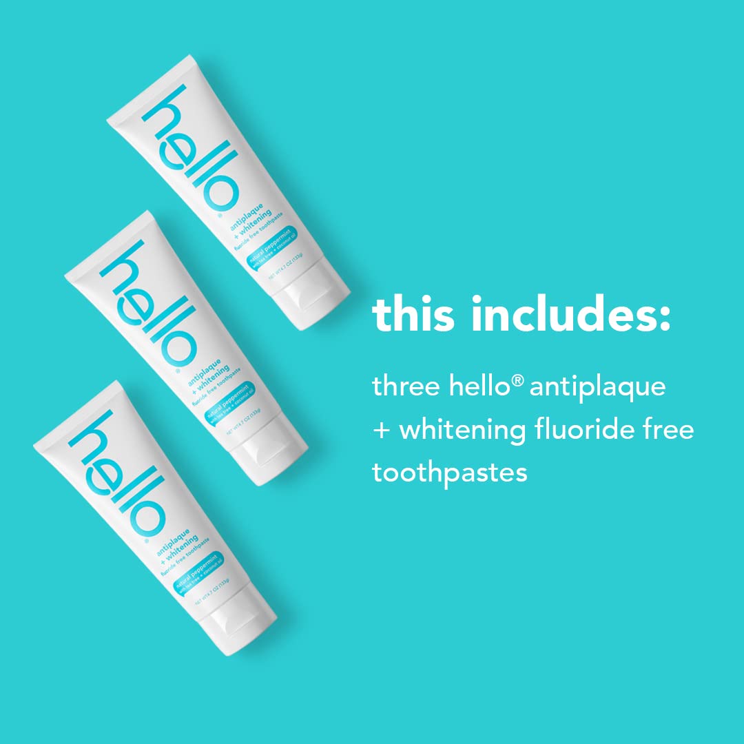 Hello 3-Pack Fluoride Free Whitening and Antiplaque Toothpastes with Spearmint, Peppermint, Coconut Oil, 4.7 OZ