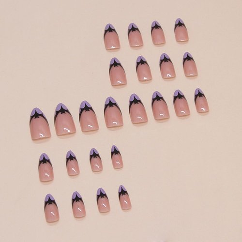 24 Pcs Halloween Press on Nails Short Almond - BHLFRH Nude Pink Acrylic Fake Nails Press ons Purple French Nail Art Tips Glue on Nails Bat Design Full Cover Glossy False Nails Stick on Nails Women