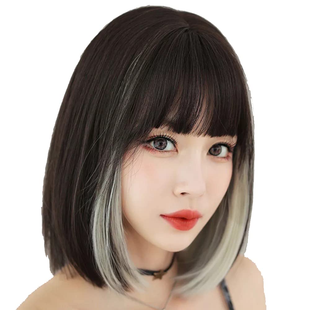 AIKO PRO Korean Fashion 13 Inch Straight Short Bob Wig for Women, Natural Shoulder-Length Straight Synthetic Short Lolita Cosplay Wigs with Bangs For Cosplay and Daily Wear D123 Black & White