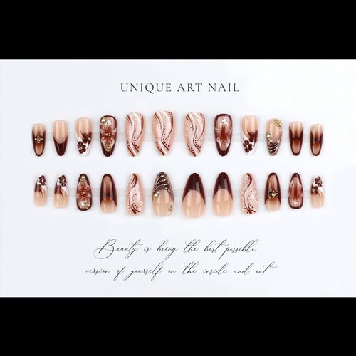French Tips Press on Nails Medium Almond Nails Press on with 5D Flower Charm Design Glossy Brown Glue on Nails Water Ripple Rhinestones Fake Nail Reusable Fall Winter Nail for Women Manicure 24Pcs