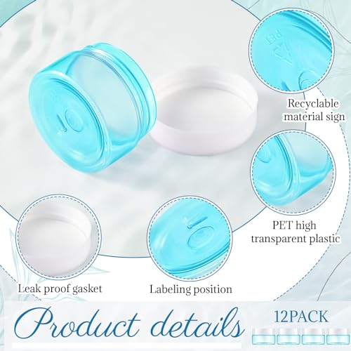 Tessco 12 Pieces 1 oz Travel Containers Plastic Container Jars with Lids Leak-proof Travel Jars for Creams with 12 Mini Scoop and 12 Label Stickers for Lotion Makeup Powder (Blue)
