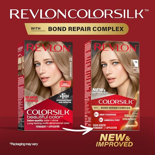 Revlon ColorSilk with Bond Repair Complex, Blonde Permanent Hair Color, 100% Gray Coverage, Ammonia Free Hair Dye, Vegan Keratin, 70 Medium Ash Blonde (Pack of 3)