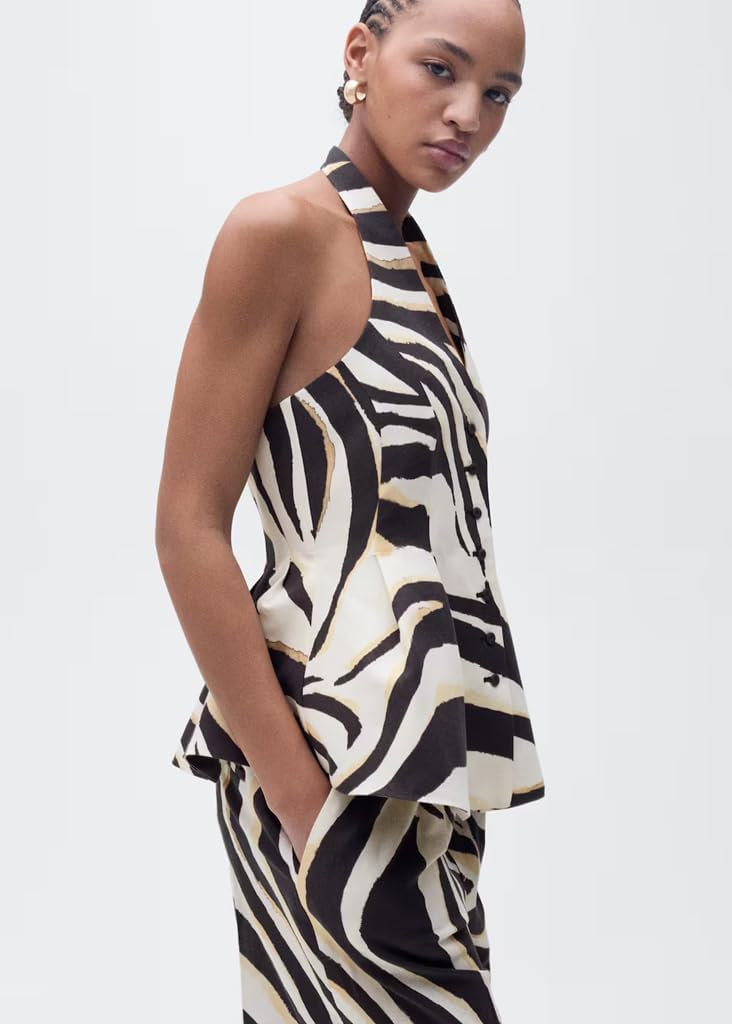 Skiennix 2-Piece Zebra Print Outfit - Halter Top & Wide Leg Pants for Summer Vacations