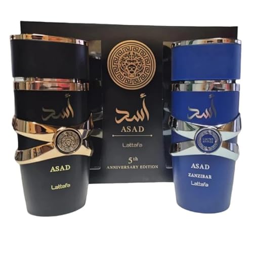 Lattafa Asad 5th Anniversary Edition ? Spicy, Woody, Amber, Sweet ? 2 Piece Eau de Parfum Gift Set for Men (Asad + Asad Zanzibar, 2 ¡¿ 3.4 Ounce / 100 ml Sprays)