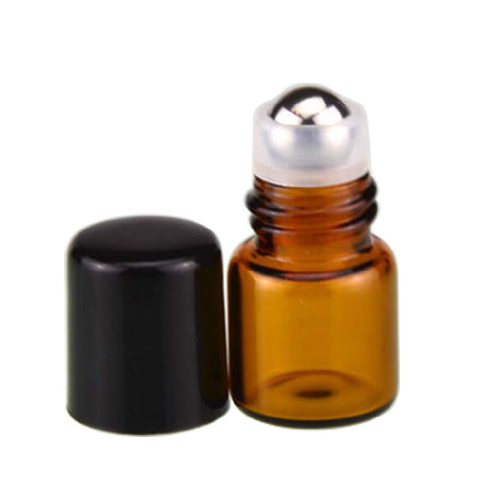 Amber Glass Roller Bottles 100 Packs 1ml-1/4Dram Sample Vial Glass Roll On Bottles with Metal Roller Balls Roller Bottles for Essential Oils Aromatherapy Perfumes-Black Lid,1 Opener Remover Included