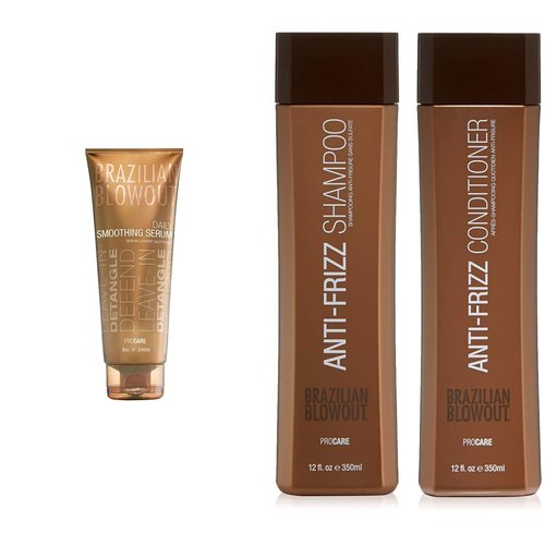 Brazilian Blowout Daily Smoothing Serum 8 Fl Oz | Anti-Frizz Shampoo & Conditioner Duo Pack