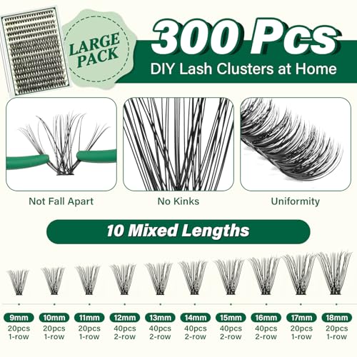 Lash Clusters 300pcs Individual Lashes 50D 0.07C Curl 11mm DIY Eyelash Extension KEYYOU Large Tray Volume Soft&Natural Cluster Lashes(50D-0.07C,11)