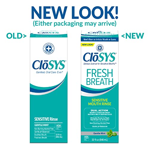 CloSYS Sensitive Mouthwash, 32 Ounce, Gentle Mint, Alcohol Free, Dye Free, pH Balanced, Helps Soothe Mouth Sensitivity, Fights Bad Breath