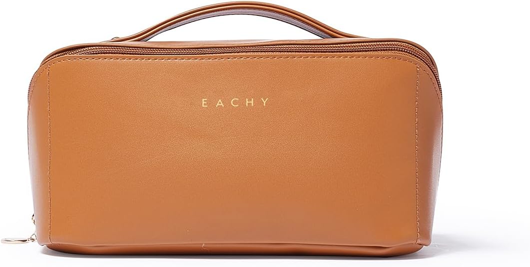 EACHY Travel Makeup Bag, Large Capacity Cosmetic Bag for Women, Waterproof PU Leather, Flat Open Portable Toiletry Bag for Skincare, Brushes & Travel Essentials