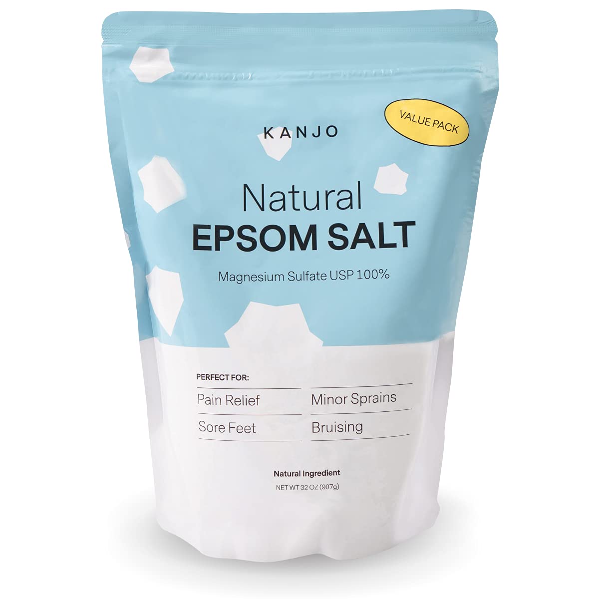 FSA HSA Eligible Kanjo Natural Epsom Salt | 100% Pure Magnesium Sulfate Bath Salt | Natural Epsom Salt Soak for Muscle Pain, Foot Pain Relief | Unscented | 32 oz Bag