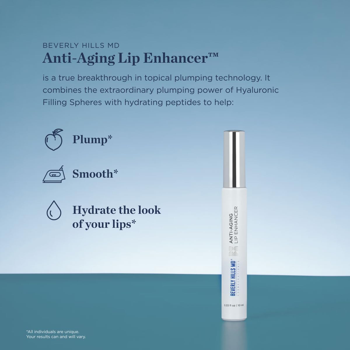 Beverly Hills MD Anti Aging Lip Enhancer- Plumping Formula for Fuller, Hydrated Lips - Visibly Volumize, Smooth Lips w/Collagen Supporting Agents- Hyaluronic Acid, Ceramides, Peptides- No Sting/Burn