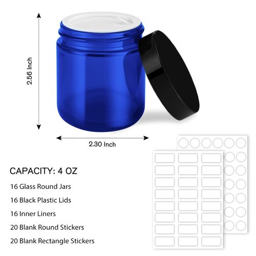 4 oz Glass Jars with Lids, Tecohouse 16 Pack Blue Glass Jars with Black Lids & Inner Liners, Mini Travel Sample Containers for Slime, Makeup, Cream, Lotion, Cosmetic
