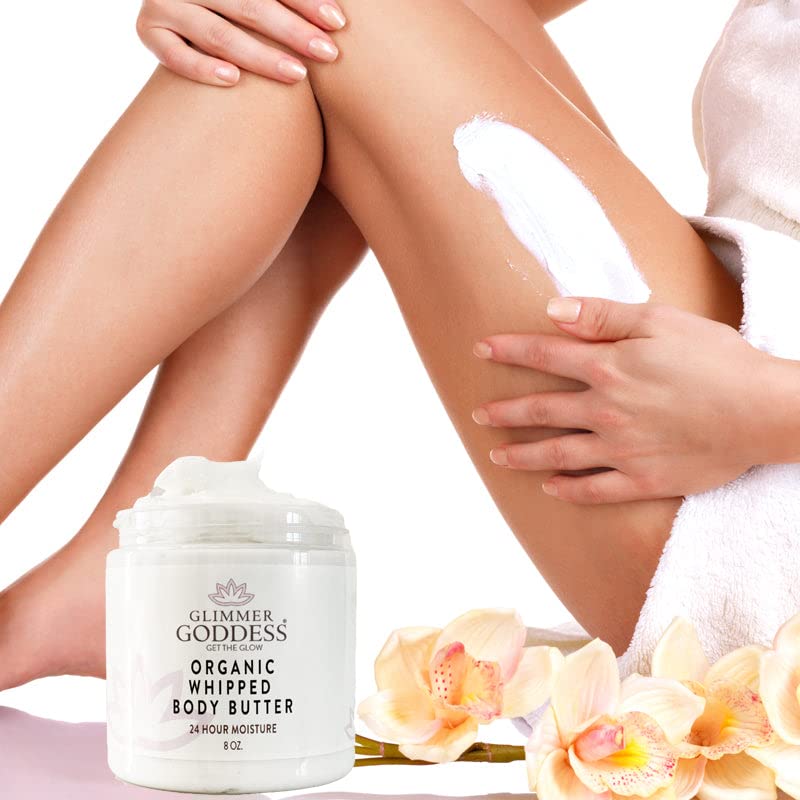 GLIMMER GODDESS Organic Whipped Body Butter- Jasmine, Vegan, 24 Hr Hydration, Less Stretch Marks, All Skin Types, Child-Safe, Organic, 8 oz
