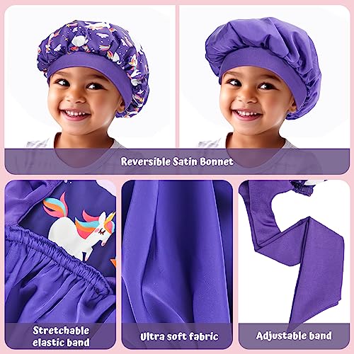 Lolalet 2 PCS Kids Bonnets for Girls, Reversible Silk Bonnet for Sleeping Satin Bonnet Cap with Wide Elastic Band -Purple & Pink