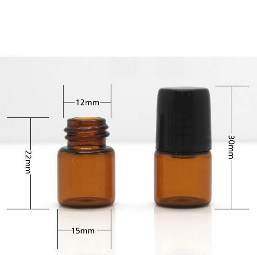 Amber Glass Roller Bottles 100 Packs 1ml-1/4Dram Sample Vial Glass Roll On Bottles with Metal Roller Balls Roller Bottles for Essential Oils Aromatherapy Perfumes-Black Lid,1 Opener Remover Included