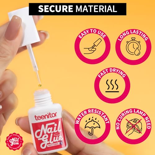 Teenitor Nail Glue for Press Ons, 3 Pack Best Nail Glue for Gel Tips with Nail Files, Super Strong Nail Glue for Broken Nail Brush on Nail Glue for Press on Nails
