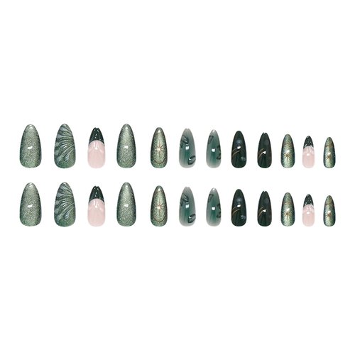 24Pcs Green Press on Nails Medium Almond Fake Nails with 3D Green Ripple Design Handmade Press on French Nails Tips Leaves Pattern Full Cover Glossy Y2k Reusable DIY Nails for Women Nail