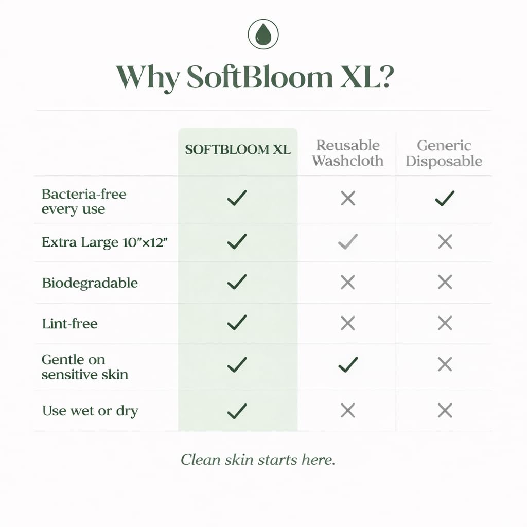 SoftBloom Disposable Face Towels - XL 50 Count Biodegradable Viscose | Ultra Soft for Sensitive Skin & Makeup Removal