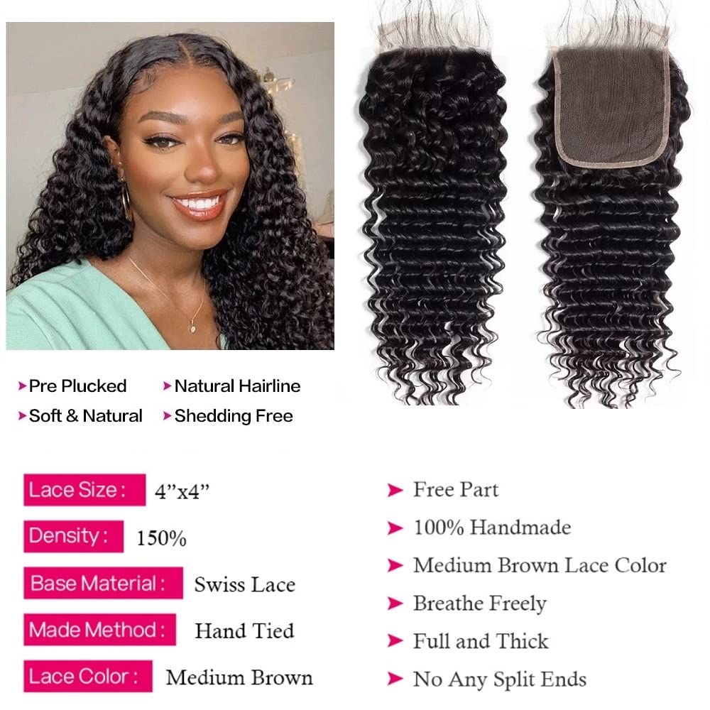 4x4 HD Lace Closure Human Hair 12 Inch Deep Wave Closure Pre Plucked with Baby Hair Free Part Transparent Lace Closure 100% Unprocessed Brazilian Virgin Human Hair Closure 1B Natural Black