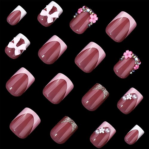 24pcs French Tip Press-On Nails - Short, Charms, Bow, Flower Design, Pink, Cute, Square Shape, Acrylic, Rhinestones