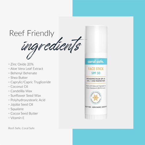 Coral Safe Reef Safe Sunscreen SPF 50 - Biodegradable Mineral Face Stick, Travel Size, 80 Min Water Resistant