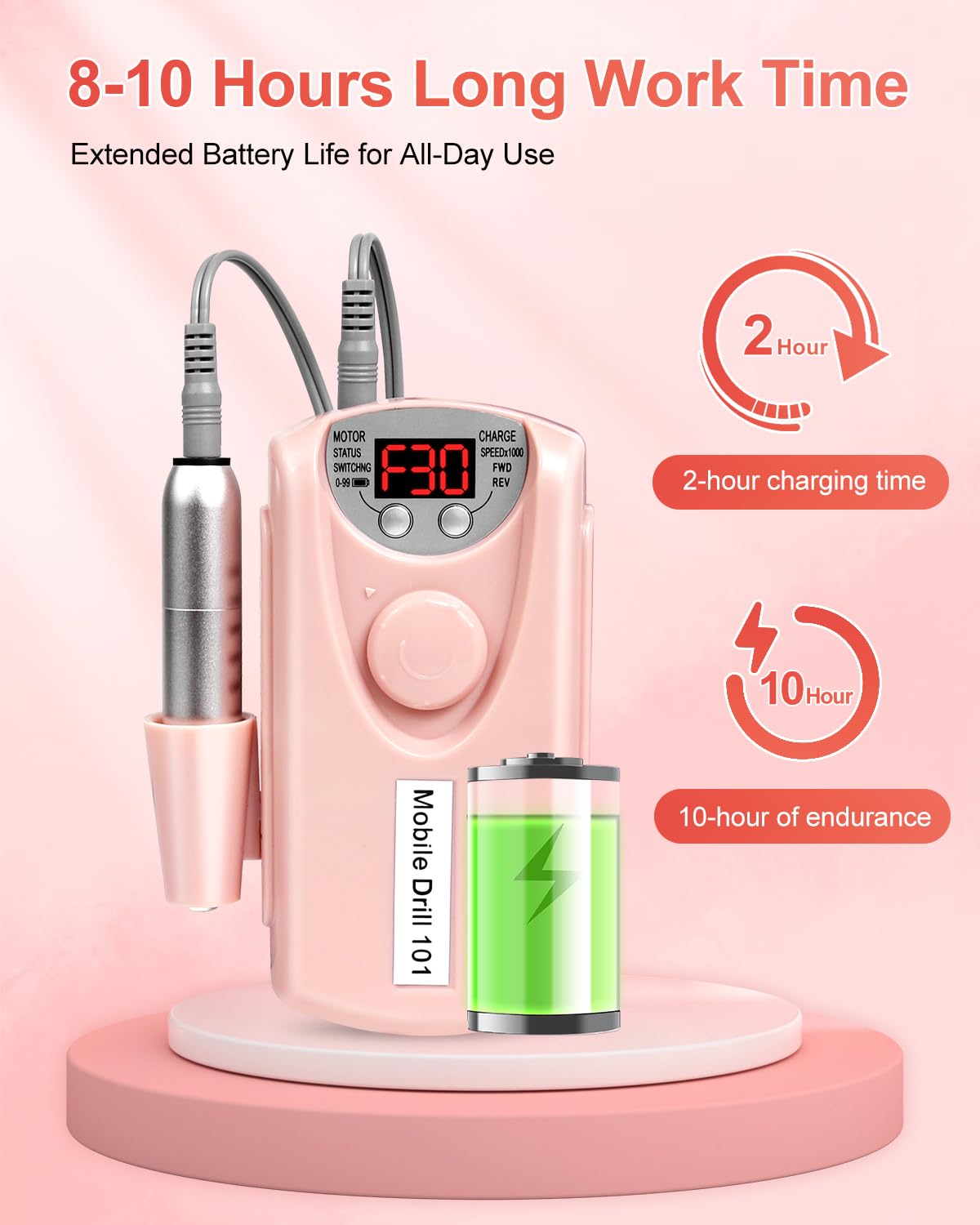 MEKK Cordless Nail Drill Pro: 30000 RPM Rechargeable Electric Nail File, Lightweight & Quiet for Acrylic, Gel Nails, Manicures & Pedicures – Professional & Home Use