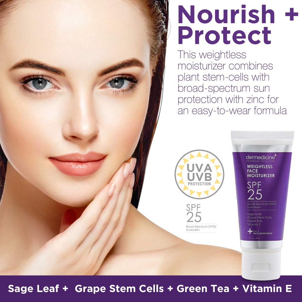 Weightless Daily Face Moisturizer Zinc Oxide Sunscreen with Broad Spectrum SPF 25 | Physical Mineral UVA/UVB Sunscreen | w/Sage Leave, Grape Stem Cells, Green Tea, Vitamin E | NET WT 2 oz / 60 g