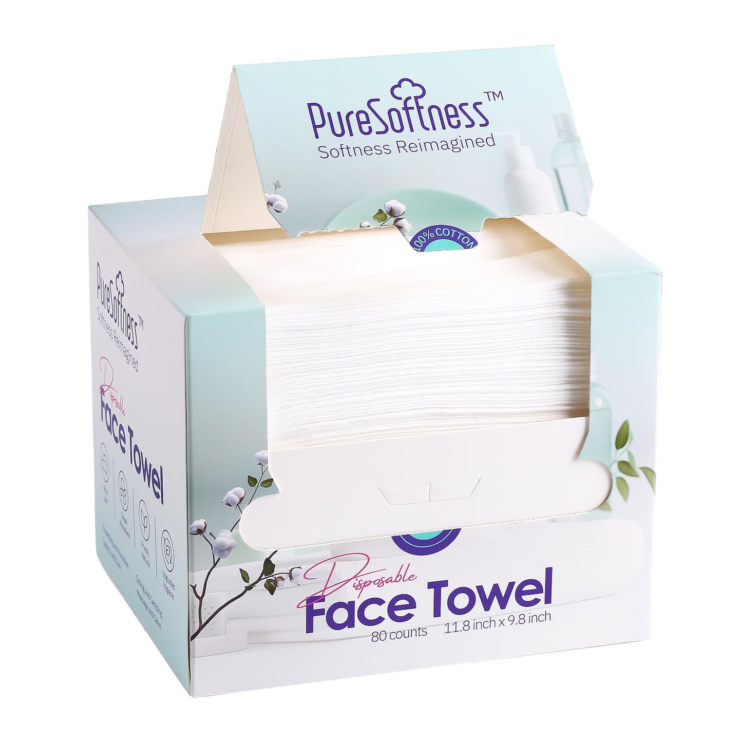 PureSoftness Luxuriously Soft Disposable Face Towel, 100% Cotton, Extra Large 12" x 10" Ultra Soft Dry Wipe for Face Wash, Makeup Remover, Bio-Based Towelette for Sensitive Skin 160 Count (2 Pack)