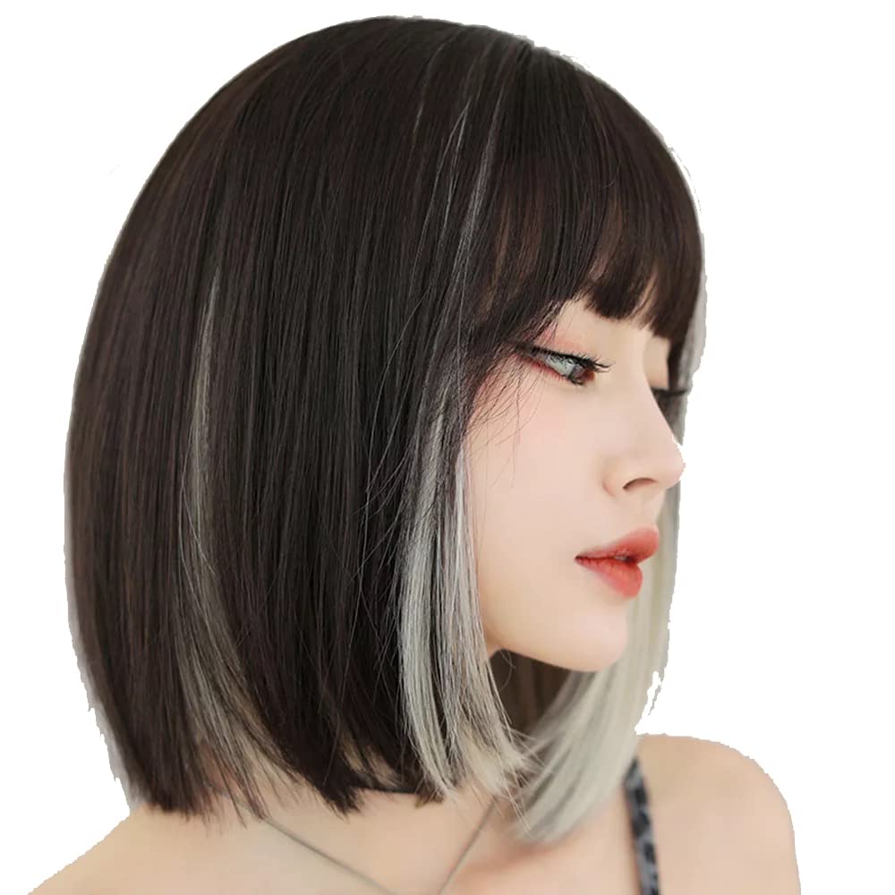 AIKO PRO Korean Fashion 13 Inch Straight Short Bob Wig for Women, Natural Shoulder-Length Straight Synthetic Short Lolita Cosplay Wigs with Bangs For Cosplay and Daily Wear D123 Black & White