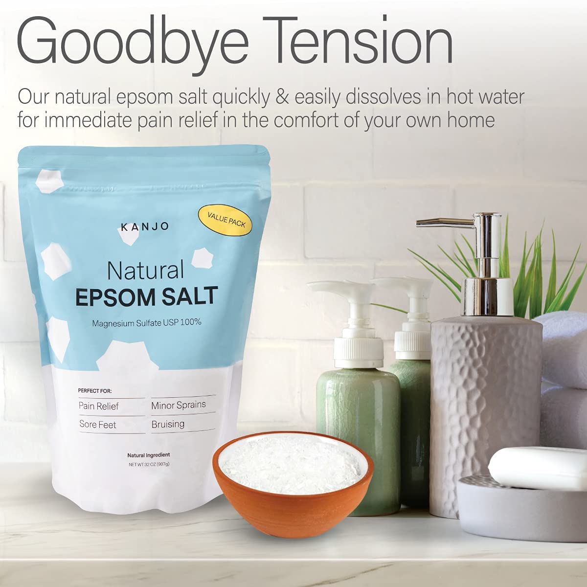 FSA HSA Eligible Kanjo Natural Epsom Salt | 100% Pure Magnesium Sulfate Bath Salt | Natural Epsom Salt Soak for Muscle Pain, Foot Pain Relief | Unscented | 32 oz Bag
