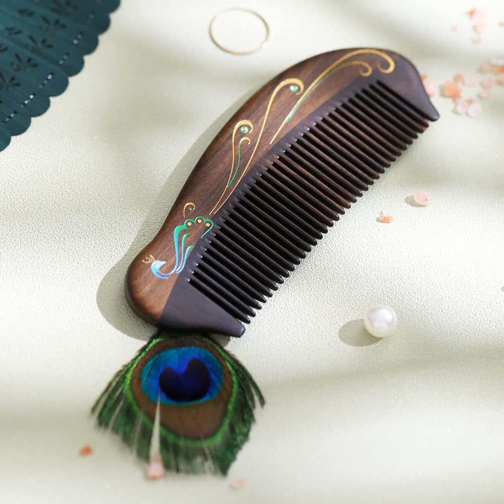 TAN MUJIANG Anti-Static Hair Comb - 5.12" Fine Tooth Detangling Comb - Handmade Natural Wooden Design for Women