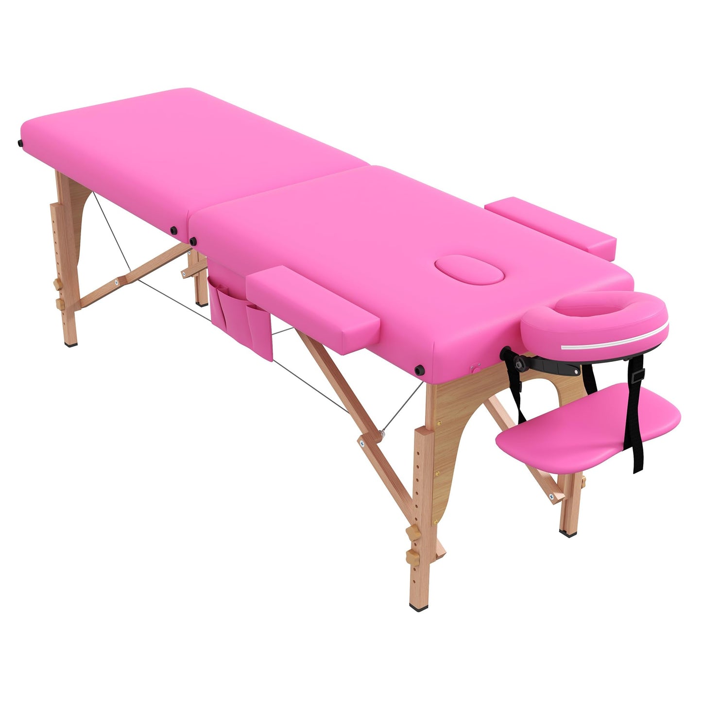 civama Massage Table Massage Bed Portable, 29 LBs Light Weight 2 Section Foldable Tattoo Bed Facial Care Spa Lash Bed Height Adjustable Sturdy Wooden Frame with Accessories Carrying Bag, Pink