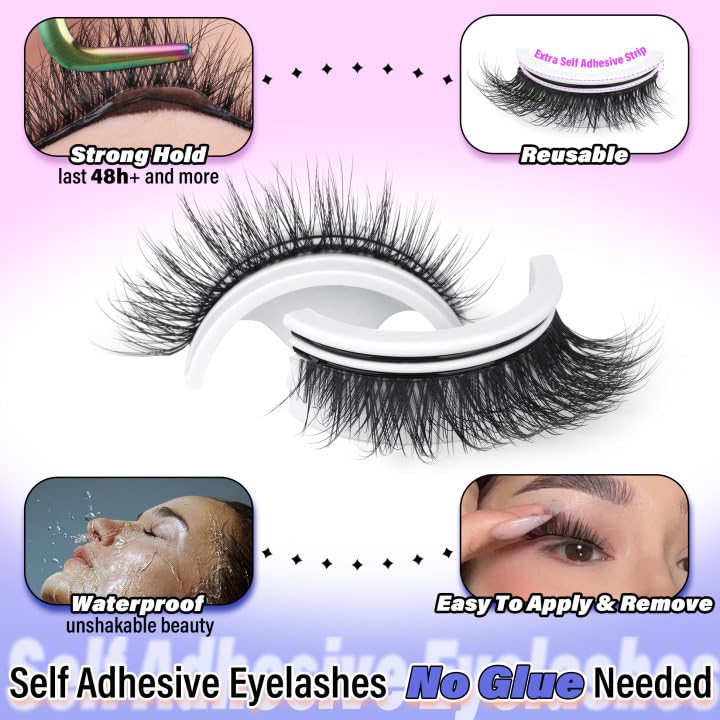 Natural Self Adhesive Lashes Cat Eye Lashes Wispy Self Adhesive Eyelashes No Glue Needed D Curl Reusable Fluffy Strip Lashes without Eyeliner Cat Eye False Eyelashes Natural Look 5 Pairs by Zegaine