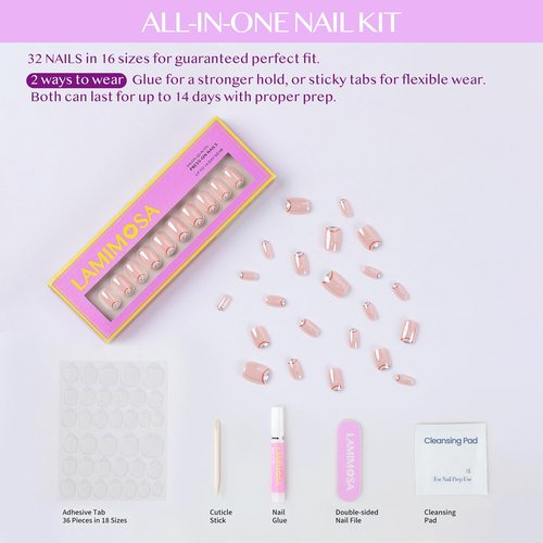 LAMIMOSA 32Pcs Chrome Press On Nails Short Square - Soft Gel Fake Nails in 16 Sizes, Reusable Glue on Nails kit, RAINBOW