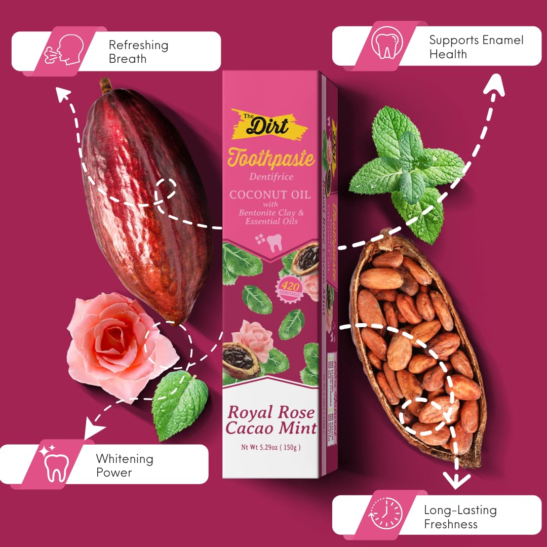 THE DIRT Coconut Oil Toothpaste - Fluoride & Gluten Free - Natural Oral Care for a Refreshing Smile - Rose Cocao Mint Flavor (150g: 6 Months Supply)