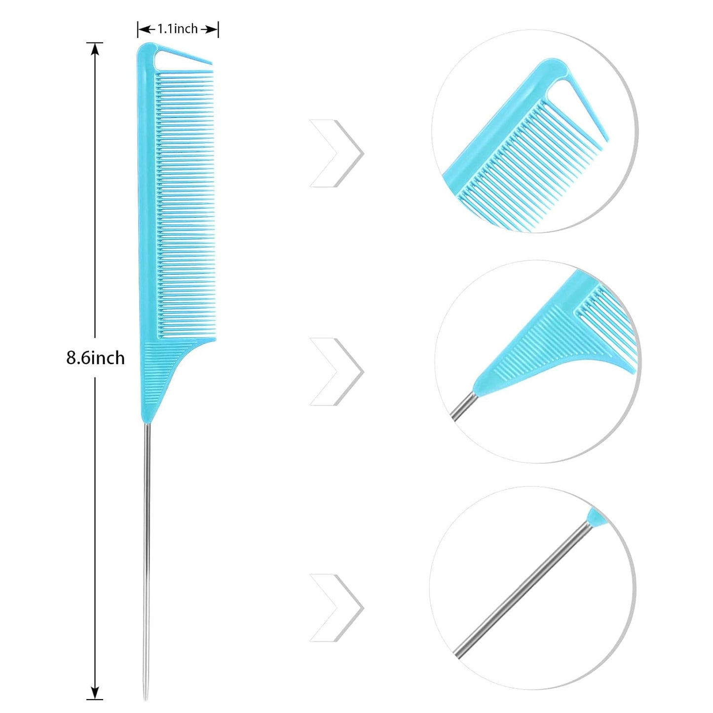 Rat Tail Combs Set: 3-Pack Teasing Styling Combs with Long Steel Pins for Women, Parting Combs for All Hair Types (Black)