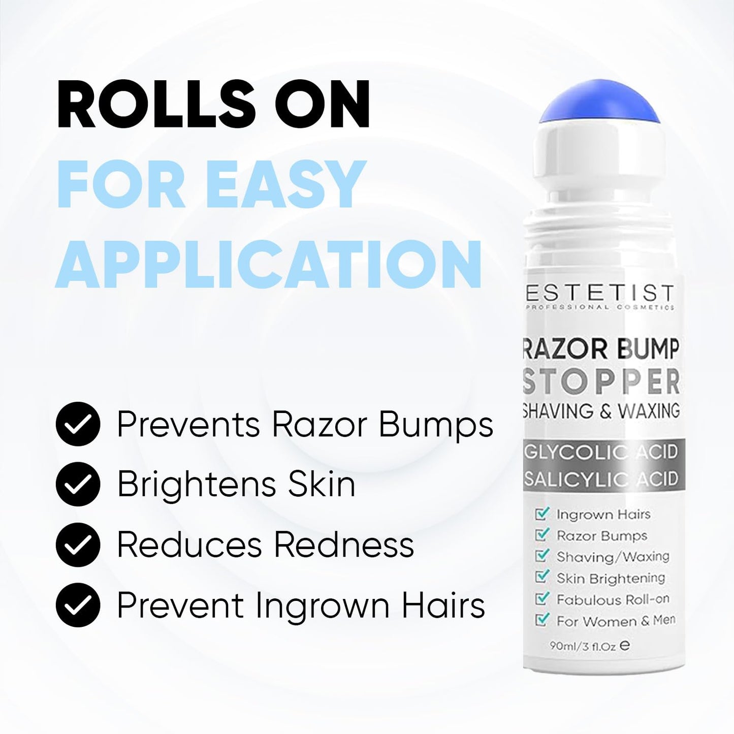 Razor Bump Stopper Solution for Ingrown Hair Skin Care Treatment for Face, Neck, Bikini Area, Legs and Underarm Area After Shave Serum Roll-On for Men and Women With Salicylic Acid, Glycolic Acid