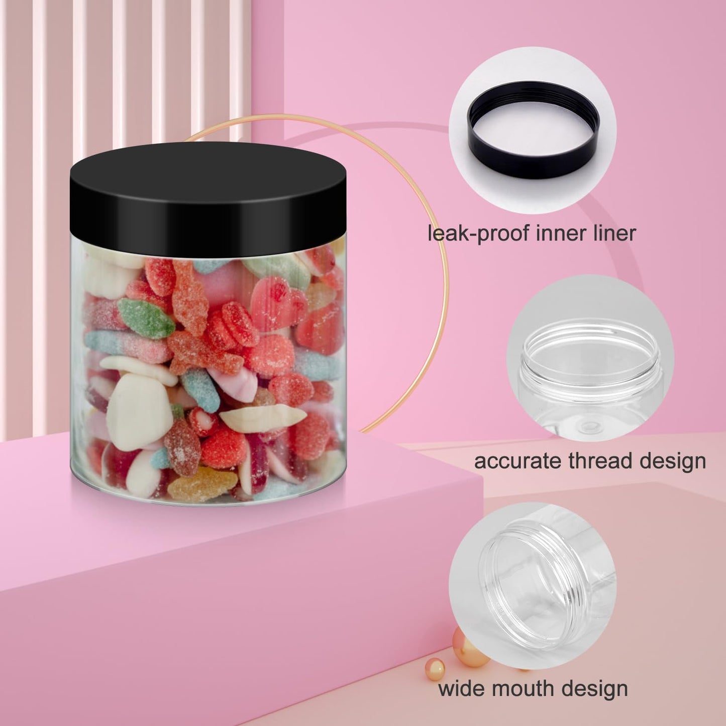 Loretoy 36 Pack 8oz Household Plastic Jars with Lids, BPA Free, Reusable, Refillable Transparent Cosmetic Containers for Bath Salts, Cosmetics, Powders, Beauty Product and Small Accessories, Black