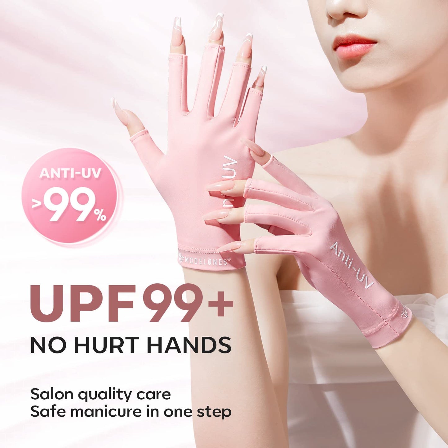 modelones UV Gloves for Gel Manicures, Professional UPF99+ Anti UV Protection Gloves for Gel Nail Lamp (Pink)