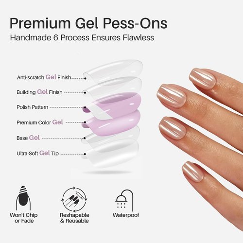 Nude Chrome Press on Nails Square - SHANGMENG Soft Gel Short Press on Nails for Women Gift, Fit Perfectly & Natural Glue on Nails in16 Sizes - 32 Reusable Fake Nails with Glue, Aurora Nude