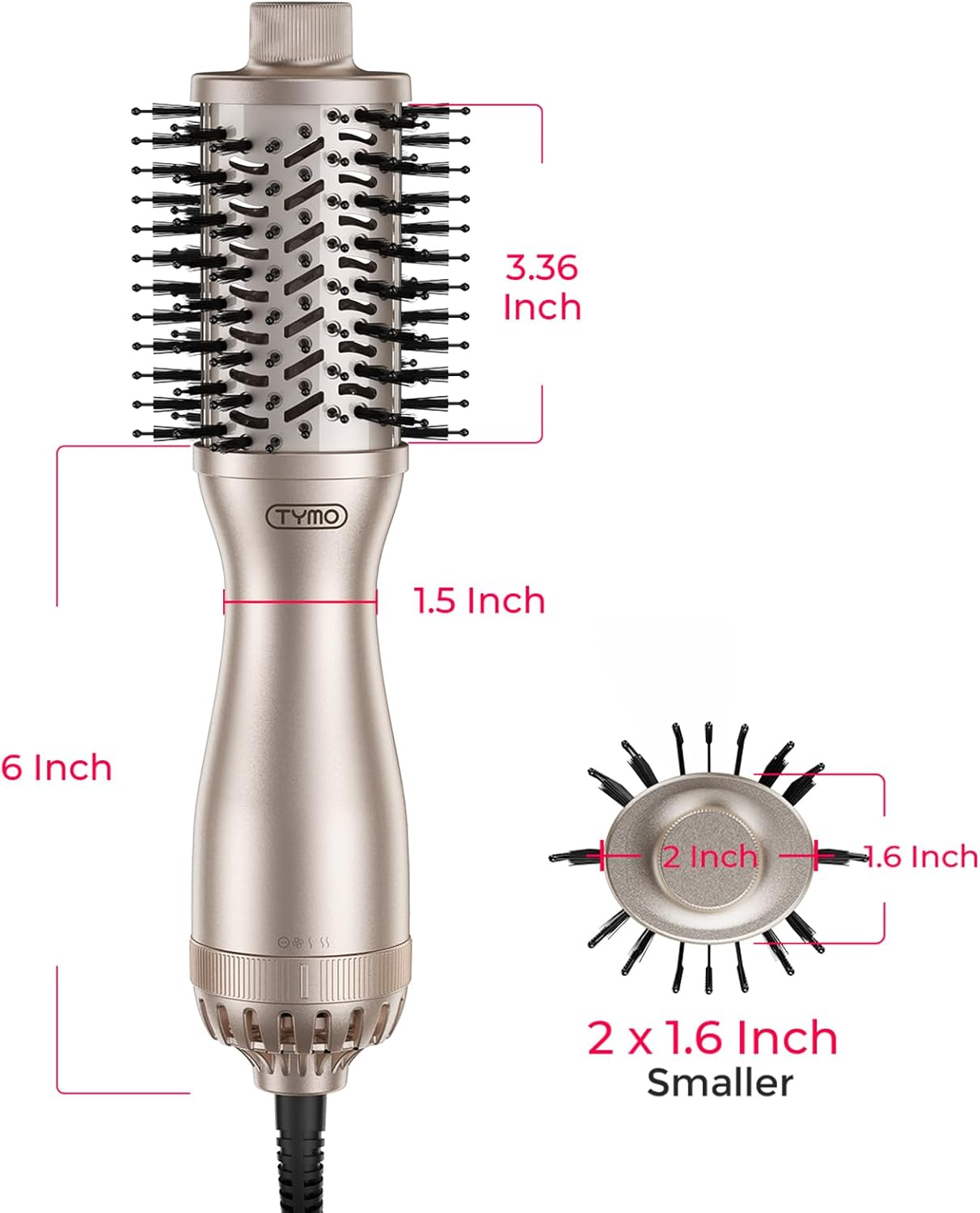 TYMO 2.0 Hair Blow Dryer Brush - One-Step Volumizer with 2-Inch Oval Barrel, Lightweight & Fast Drying, Gold