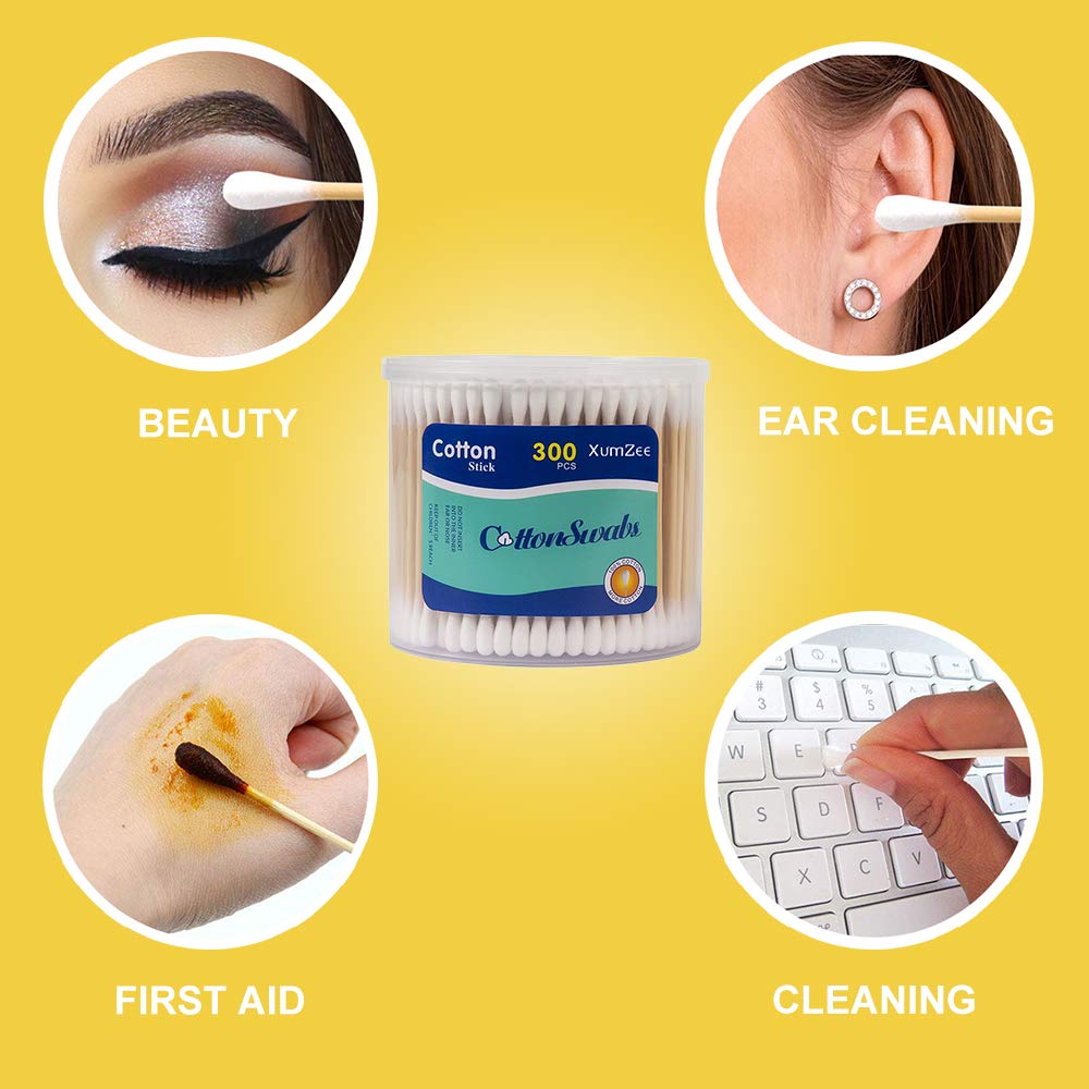 Xumzee Cotton Swabs - 300ct Biodegradable Cotton Buds with Strong Bamboo Sticks | Chemical-Free