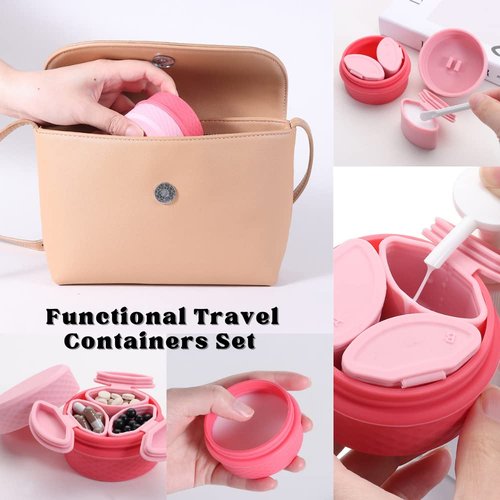 3 in 1 Travel Silicone Makeup Containers for Toiletries Shampoo Lotion Refillable Empty Jars with Spoon, Portable Containers for Trinkets Pills, including 3 Dispensers & 1 Protective Box (Pink)