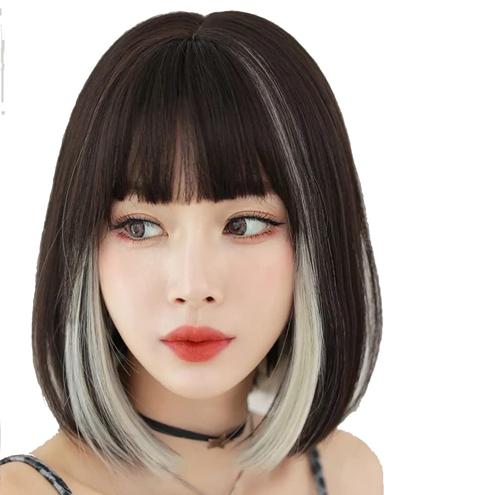 AIKO PRO Korean Fashion 13 Inch Straight Short Bob Wig for Women, Natural Shoulder-Length Straight Synthetic Short Lolita Cosplay Wigs with Bangs For Cosplay and Daily Wear D123 Black & White