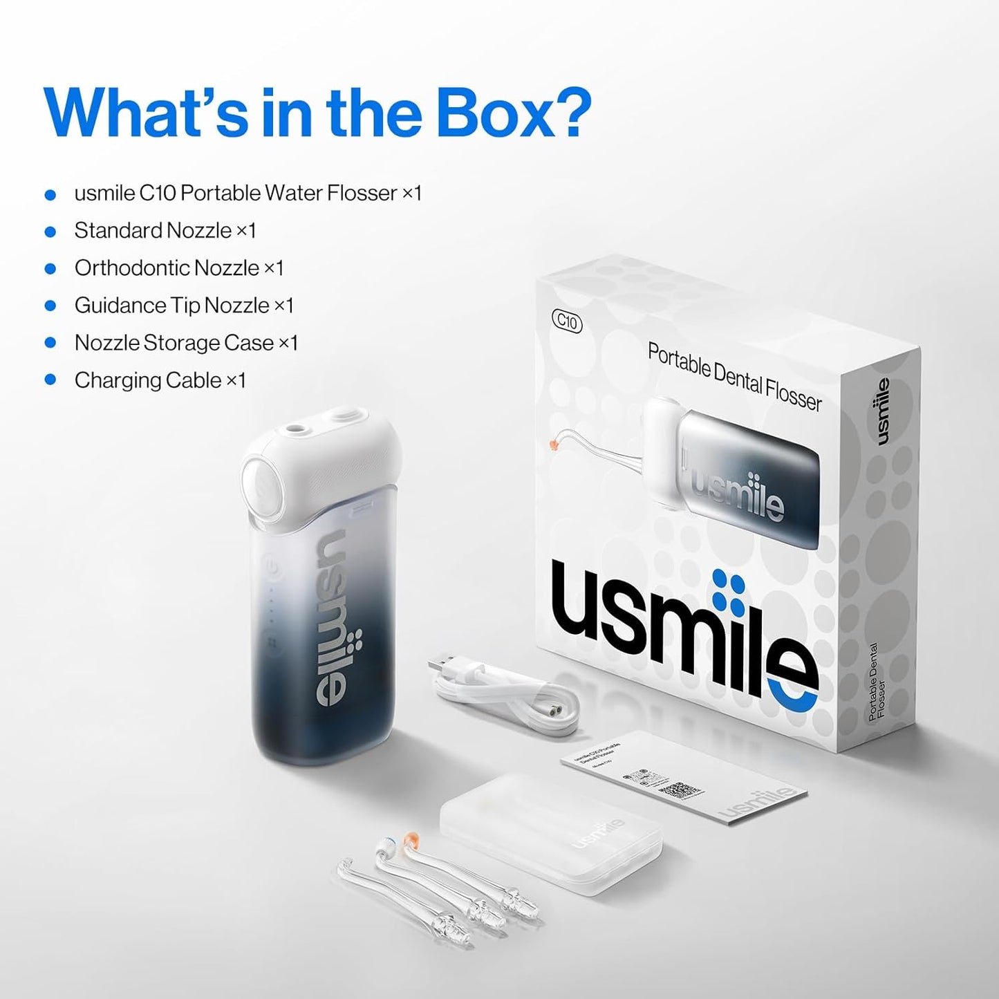 Usmile C10 Portable Water Flosser - Travel-Friendly Design, 95-Day Battery, 4 Modes, 180ml Tank, IPX7 Waterproof (Inkstone Black)