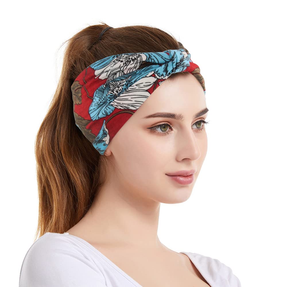 Yeshan Women's Wide Boho Knotted Non-Slip Turban Headwraps - Stretchy Bandeau Hair Bands for Sports, Yoga, Workouts, Pack of 8