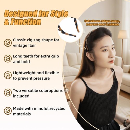 CUUCTGDA 2026 New U Shape Headbands for Women Non Slip,Fashion Accessories for Slicked Back Styles,Soft Stretchable Silicone Headband,Comfortable Comb Headband with Teeth 2 Pack(Tortoise & Black)