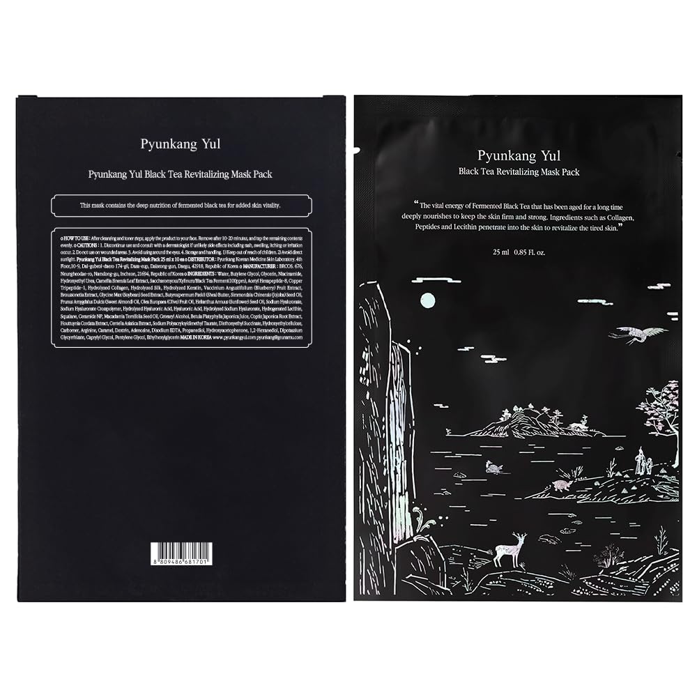 Pyunkang Yul Fermented Black Tea Revitalizing Mask Pack with Low Molecule Collagen, Shea Butter, Skin Revival, Elasticity Care, Deep Moisturizing, Korean Face Skin Care Facial Mask Sheet 25ml x 10ea