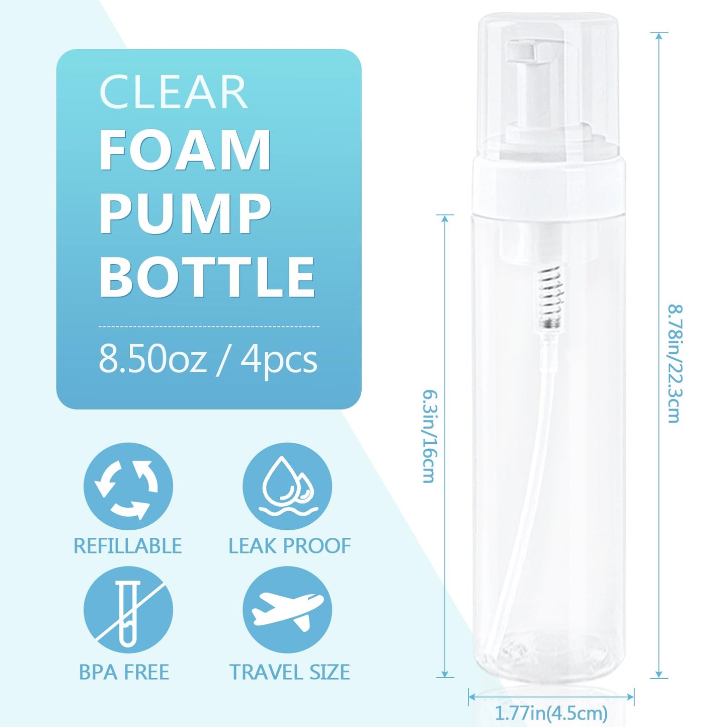 TMLECE TM Foam Pump Bottle 8.5oz/250ml Clear Empty Foam Bottle Pump, Travel Foam Bottle for Soap, Shampoo, Cleaning Foam Dispenser Bottle Refillable (4 Pack)